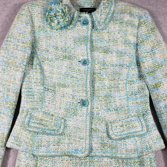 Valerie Stevens 8 P Tweed Skirt Suit Set Mint‎ Blue Green Wool Blend Glamouratti - Picture 13 of 16